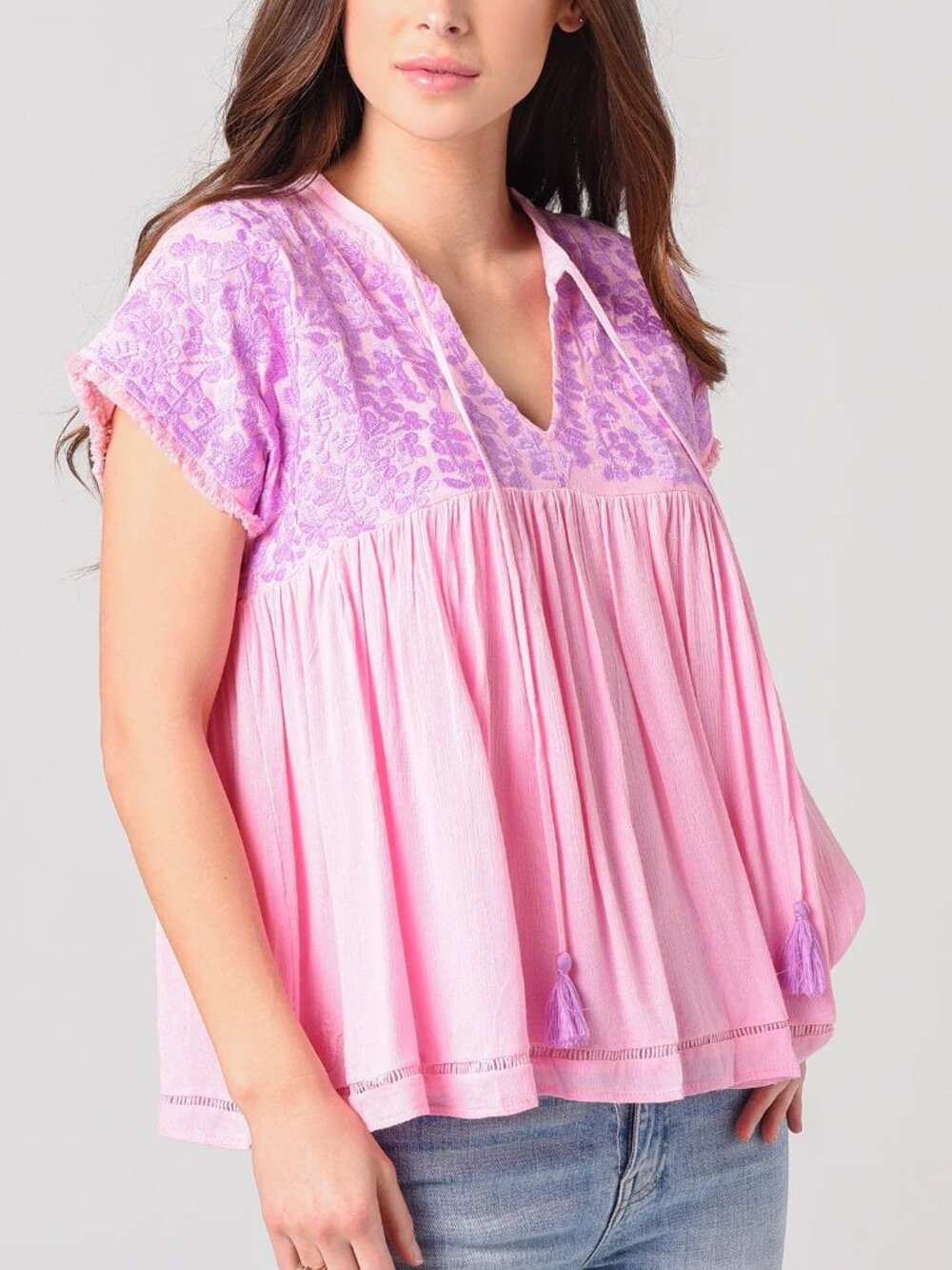J.Marie Pink and Purple Embroidered and Tasseled 'The Macey' Top Sz XS